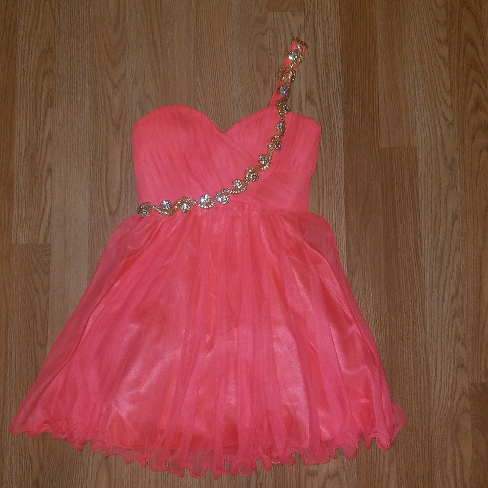 One strap, coral homecoming dress!!